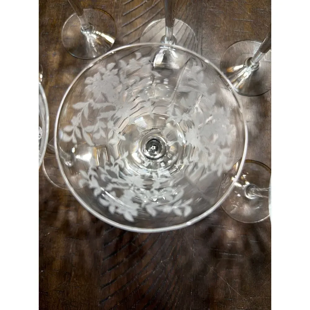 Vintage Etched Champagne Coupe Glasses Set of 7 Floral Wheat Stemware 5.75